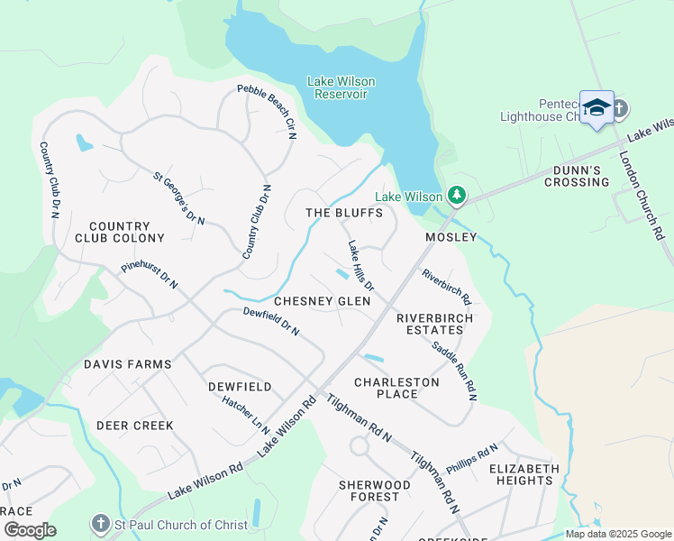 map of restaurants, bars, coffee shops, grocery stores, and more near 4505 Falconcrest Court in Wilson