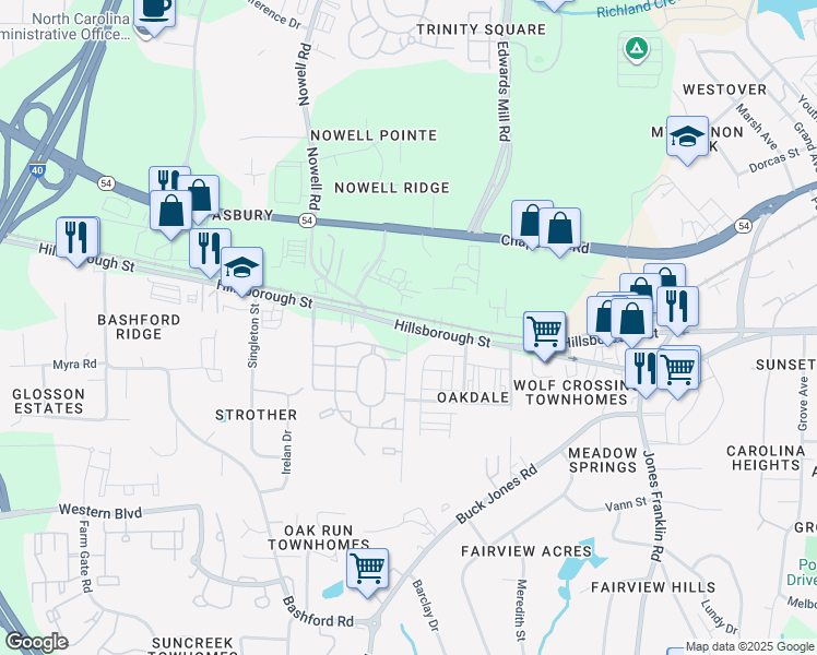map of restaurants, bars, coffee shops, grocery stores, and more near Hillsborough St & Wolf Wood Dr in Raleigh
