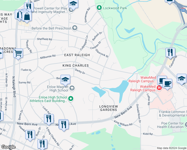 map of restaurants, bars, coffee shops, grocery stores, and more near 2457 Derby Drive in Raleigh