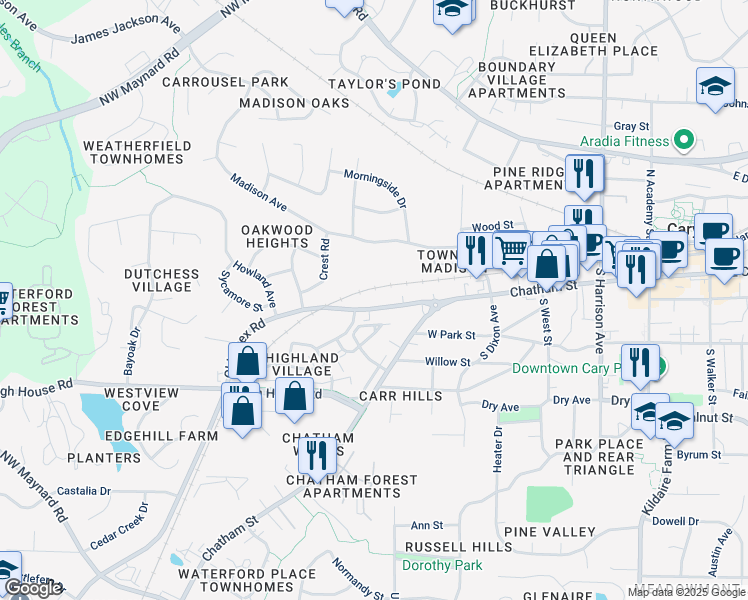 map of restaurants, bars, coffee shops, grocery stores, and more near 530 Old Apex Road in Cary