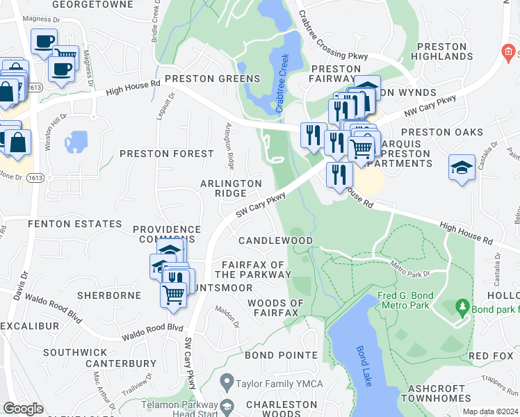 map of restaurants, bars, coffee shops, grocery stores, and more near 100 Lonesome Pine Drive in Cary