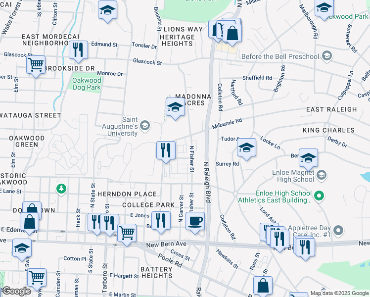 map of restaurants, bars, coffee shops, grocery stores, and more near 1980 Seawright Place in Raleigh