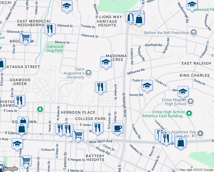 map of restaurants, bars, coffee shops, grocery stores, and more near 1920 Milburnie Road in Raleigh