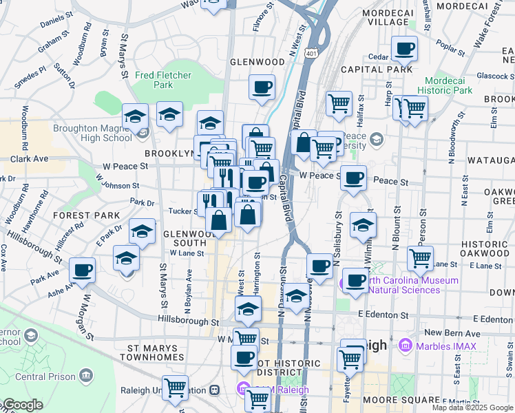 map of restaurants, bars, coffee shops, grocery stores, and more near 524 North West Street in Raleigh