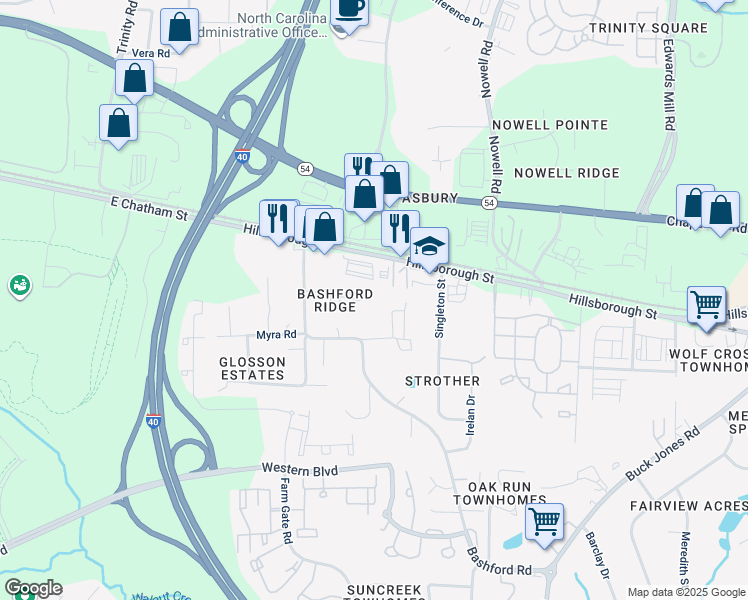 map of restaurants, bars, coffee shops, grocery stores, and more near 6100 Spice Ridge Lane in Raleigh