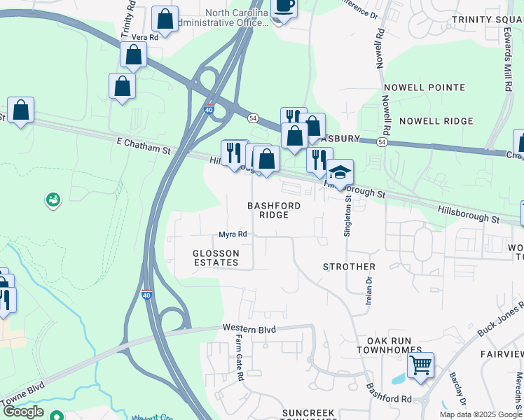 map of restaurants, bars, coffee shops, grocery stores, and more near 25 Bashford Road in Raleigh