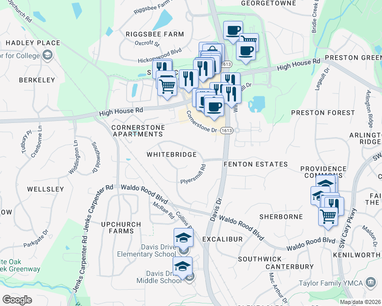 map of restaurants, bars, coffee shops, grocery stores, and more near 110 Gingergate Drive in Cary