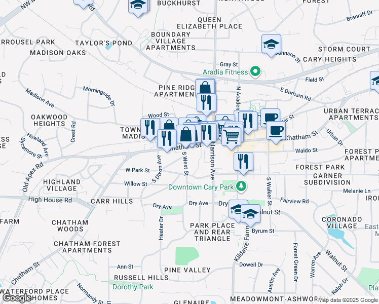 map of restaurants, bars, coffee shops, grocery stores, and more near 302 West Chatham Street in Cary