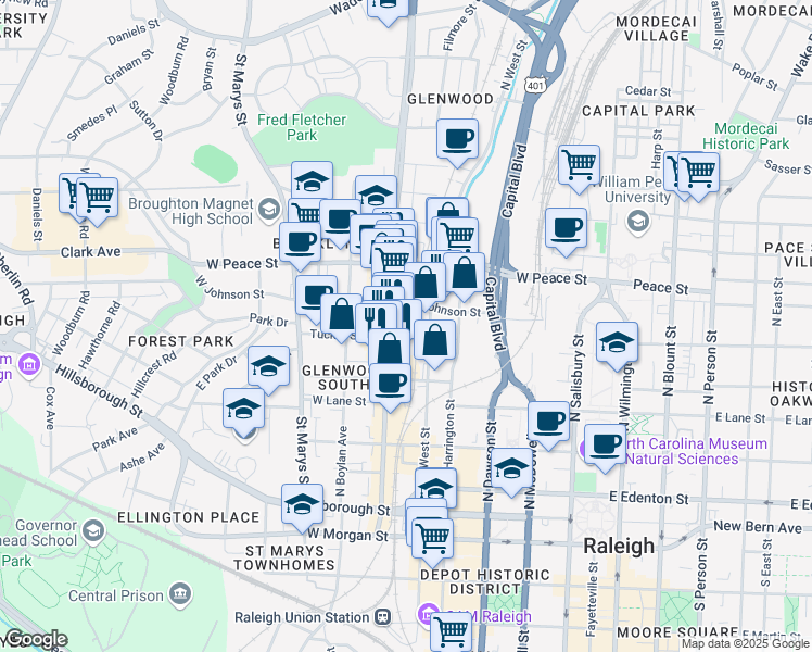 map of restaurants, bars, coffee shops, grocery stores, and more near 510 Glenwood Avenue in Raleigh