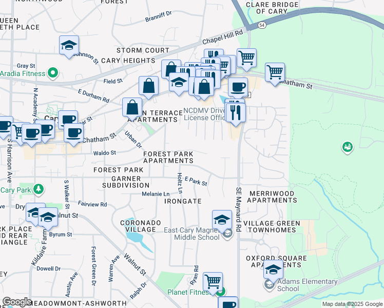 map of restaurants, bars, coffee shops, grocery stores, and more near 606 Webster Street in Cary