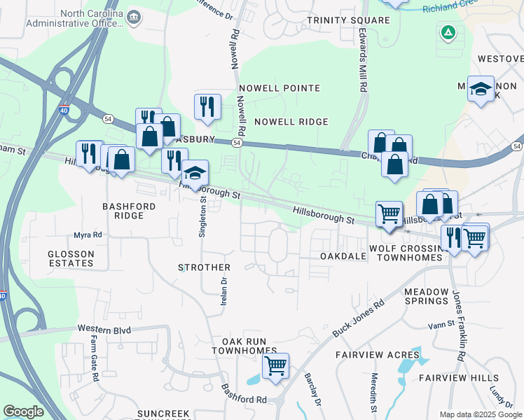 map of restaurants, bars, coffee shops, grocery stores, and more near 6013 Hillsborough Street in Raleigh