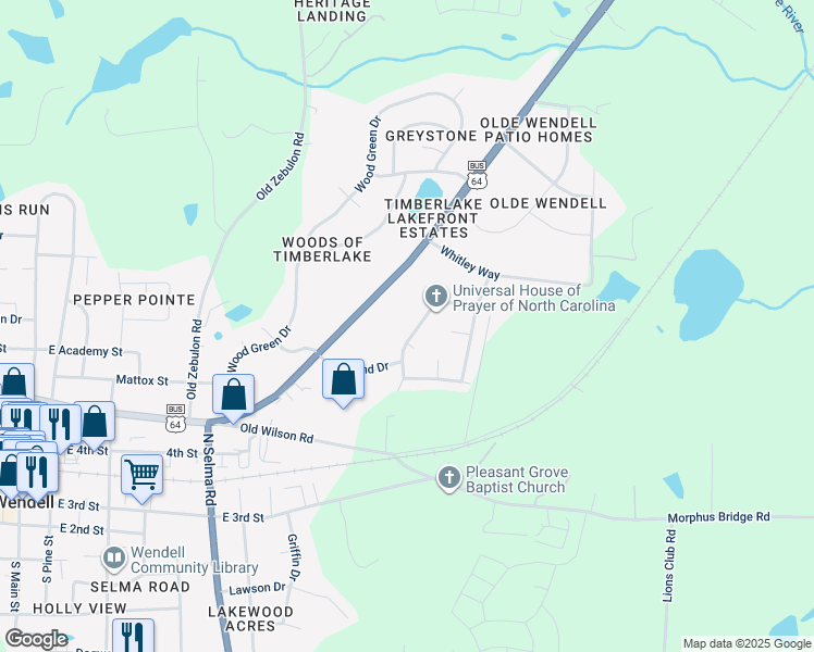 map of restaurants, bars, coffee shops, grocery stores, and more near 611 Gaslight Trail in Wendell