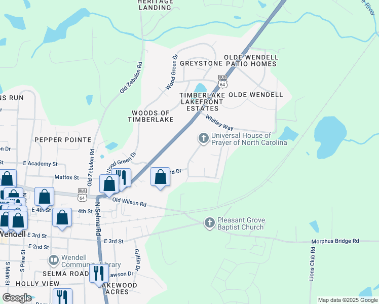 map of restaurants, bars, coffee shops, grocery stores, and more near 611 Gaslight Trail in Wendell