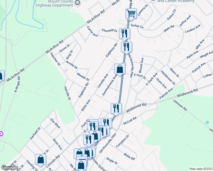 map of restaurants, bars, coffee shops, grocery stores, and more near 2377 Pennsylvania Avenue in Maryville