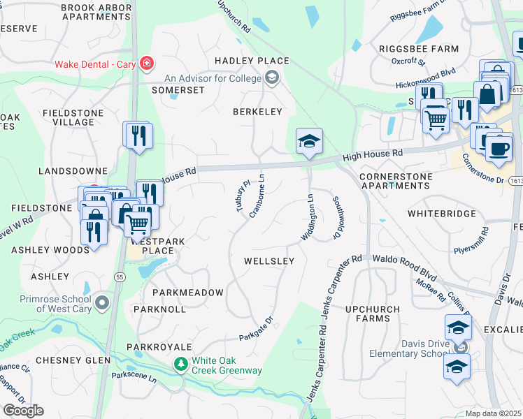 map of restaurants, bars, coffee shops, grocery stores, and more near 207 Cranborne Lane in Cary