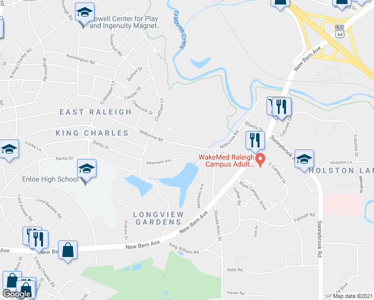 map of restaurants, bars, coffee shops, grocery stores, and more near 2744 Milburnie Road in Raleigh