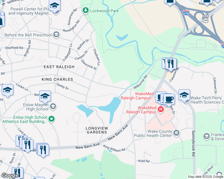map of restaurants, bars, coffee shops, grocery stores, and more near 2744 Milburnie Road in Raleigh