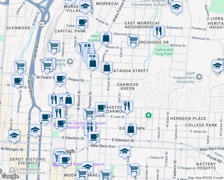 map of restaurants, bars, coffee shops, grocery stores, and more near 526 North East Street in Raleigh