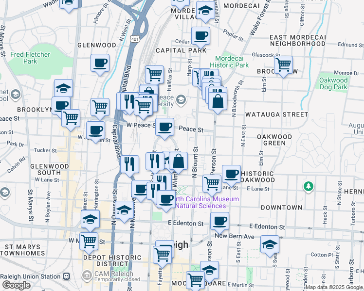 map of restaurants, bars, coffee shops, grocery stores, and more near 510 North Wilmington Street in Raleigh
