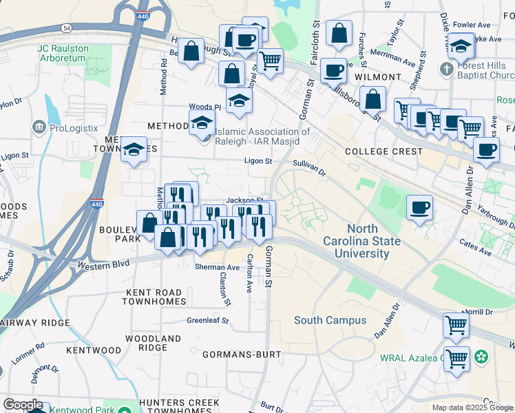 map of restaurants, bars, coffee shops, grocery stores, and more near 3821 Jackson Street in Raleigh