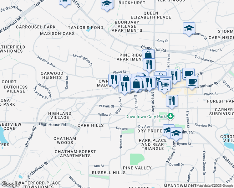 map of restaurants, bars, coffee shops, grocery stores, and more near 410 West Chatham Street in Cary