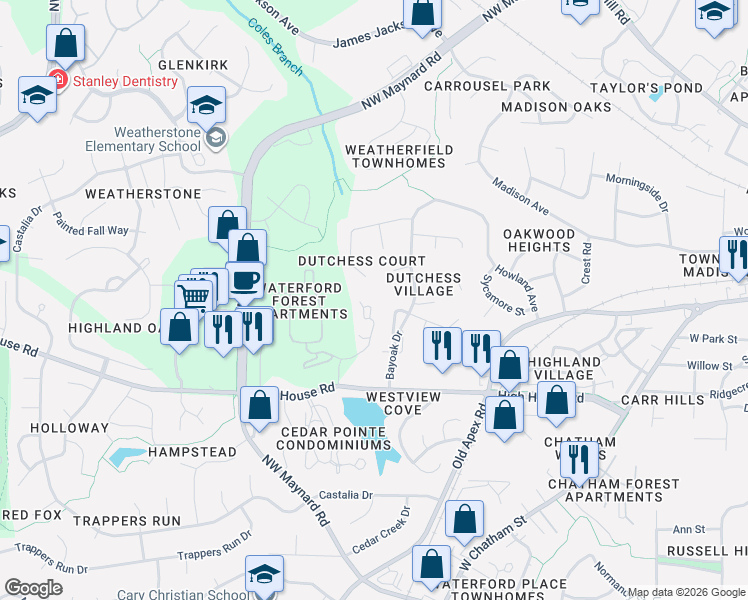 map of restaurants, bars, coffee shops, grocery stores, and more near 237 Dutchess Drive in Cary