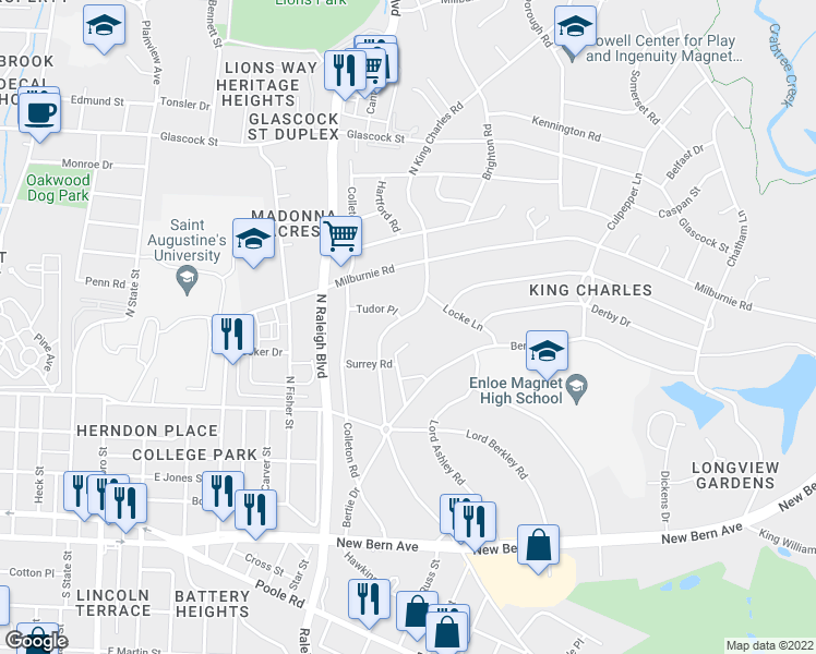 map of restaurants, bars, coffee shops, grocery stores, and more near 500 North King Charles Road in Raleigh