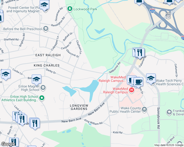 map of restaurants, bars, coffee shops, grocery stores, and more near 2744 Milburnie Road in Raleigh