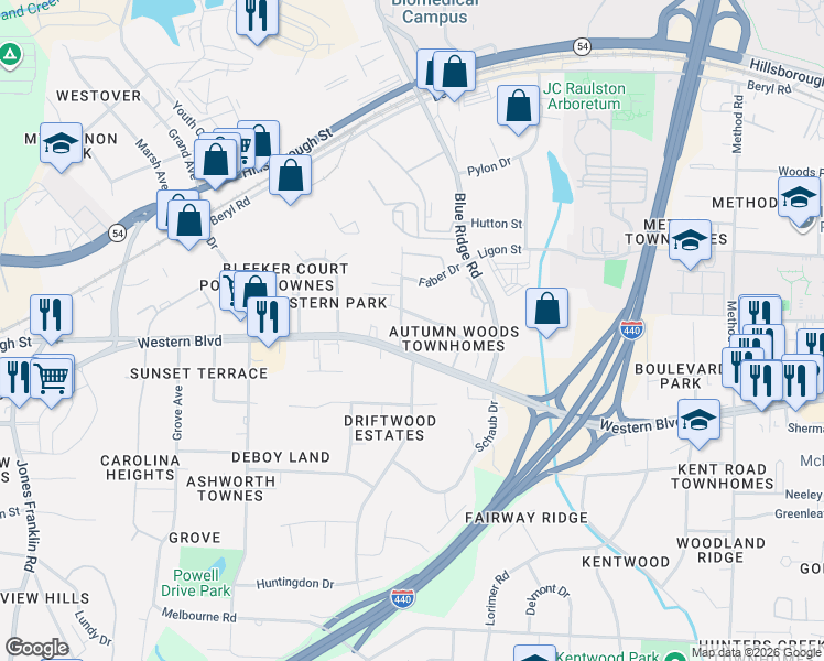 map of restaurants, bars, coffee shops, grocery stores, and more near 805 Gannett Street in Raleigh