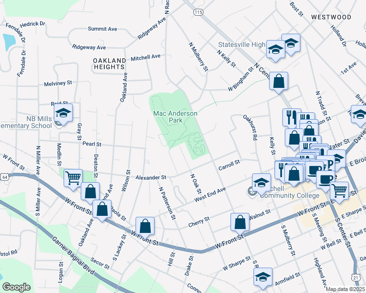 map of restaurants, bars, coffee shops, grocery stores, and more near 342 North Oak Street in Statesville