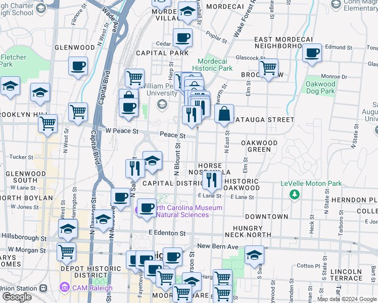map of restaurants, bars, coffee shops, grocery stores, and more near 520 John Haywood Way in Raleigh