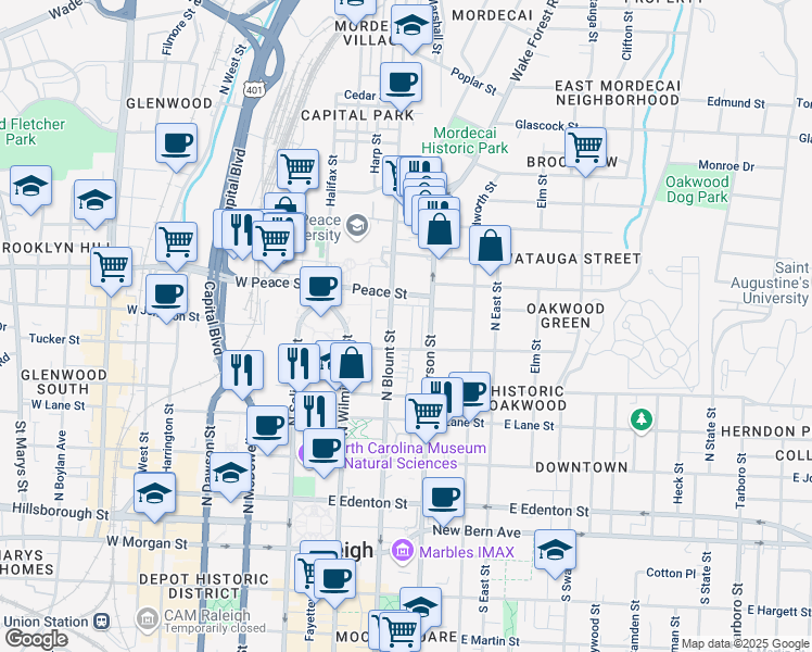 map of restaurants, bars, coffee shops, grocery stores, and more near 520 John Haywood Way in Raleigh
