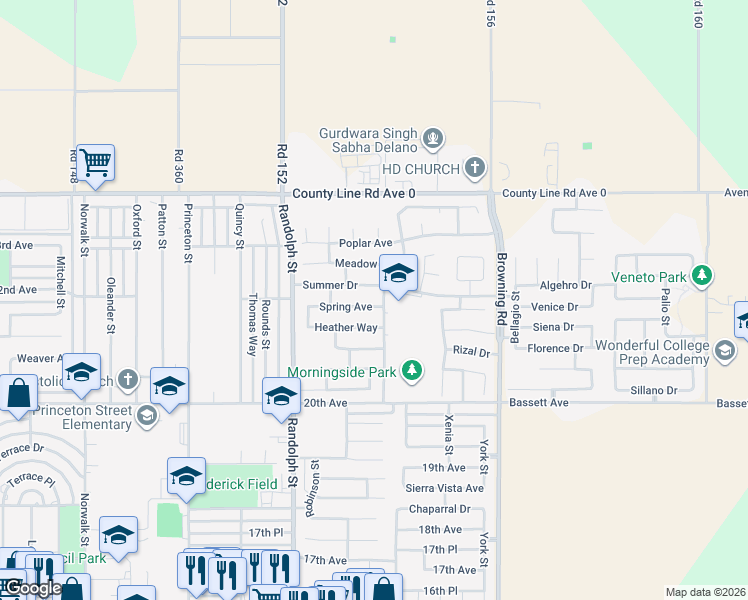 map of restaurants, bars, coffee shops, grocery stores, and more near 1920 Summer Drive in Delano