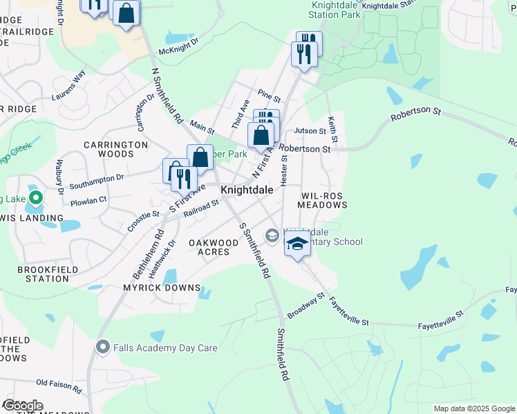 map of restaurants, bars, coffee shops, grocery stores, and more near 101 Park Avenue in Knightdale