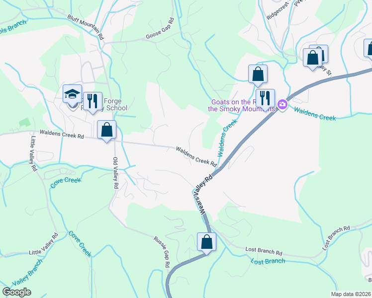 map of restaurants, bars, coffee shops, grocery stores, and more near Walker Way in Pigeon Forge