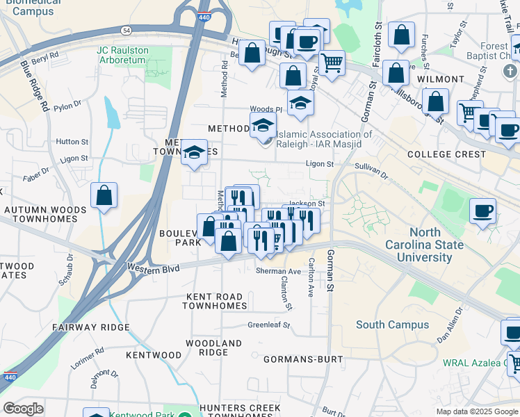 map of restaurants, bars, coffee shops, grocery stores, and more near 3915 Jackson Street in Raleigh