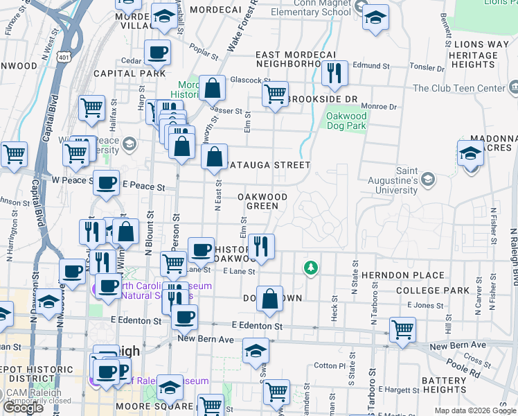 map of restaurants, bars, coffee shops, grocery stores, and more near 522 Elm Street in Raleigh