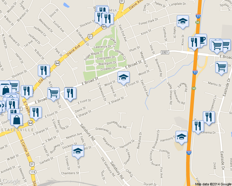 map of restaurants, bars, coffee shops, grocery stores, and more near 802 East Front Street in Statesville