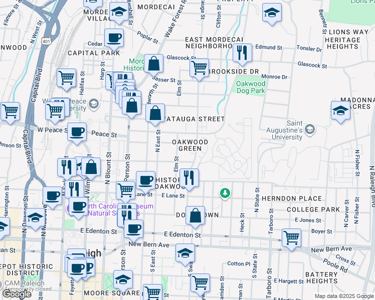map of restaurants, bars, coffee shops, grocery stores, and more near 601 Latham Way in Raleigh