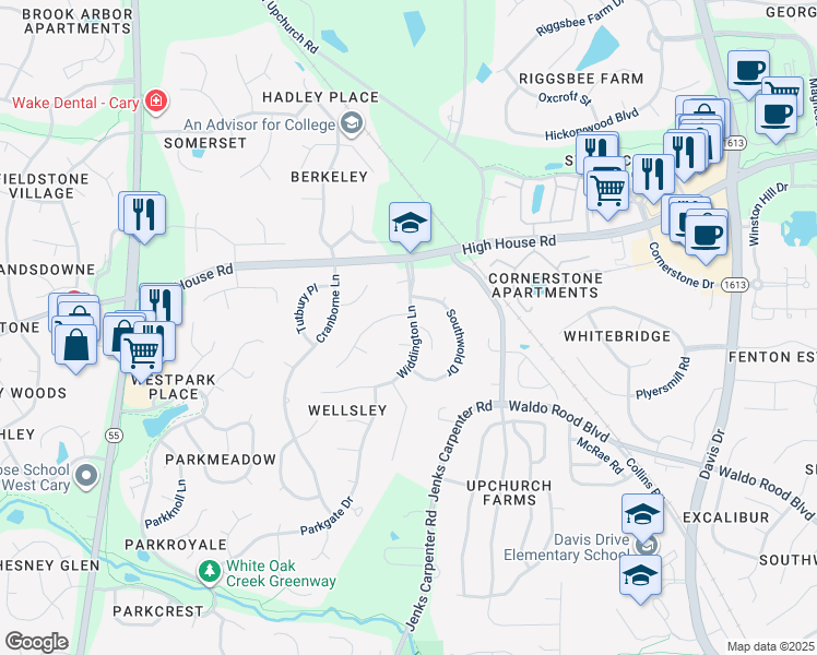 map of restaurants, bars, coffee shops, grocery stores, and more near 101 Bromfield Way in Cary