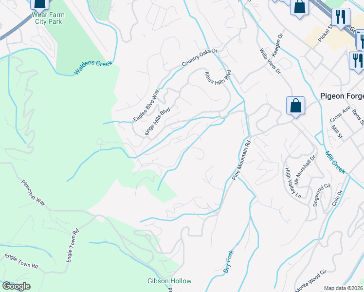 map of restaurants, bars, coffee shops, grocery stores, and more near 3033 Hickory Drive in Pigeon Forge