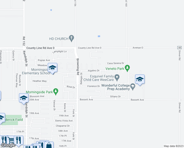 map of restaurants, bars, coffee shops, grocery stores, and more near 2405 Venice Drive in Delano