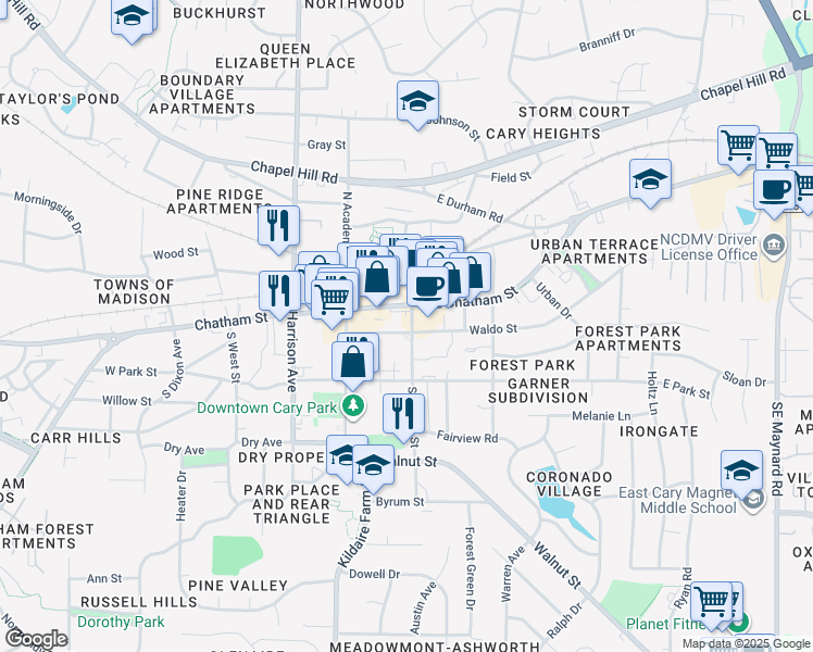 map of restaurants, bars, coffee shops, grocery stores, and more near 127 Waldo Street in Cary