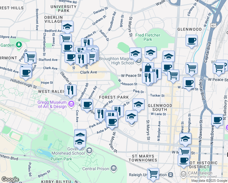 map of restaurants, bars, coffee shops, grocery stores, and more near 308 East Forest Drive in Raleigh