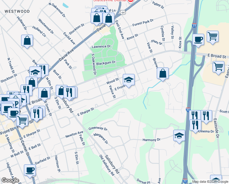 map of restaurants, bars, coffee shops, grocery stores, and more near 802 East Front Street in Statesville