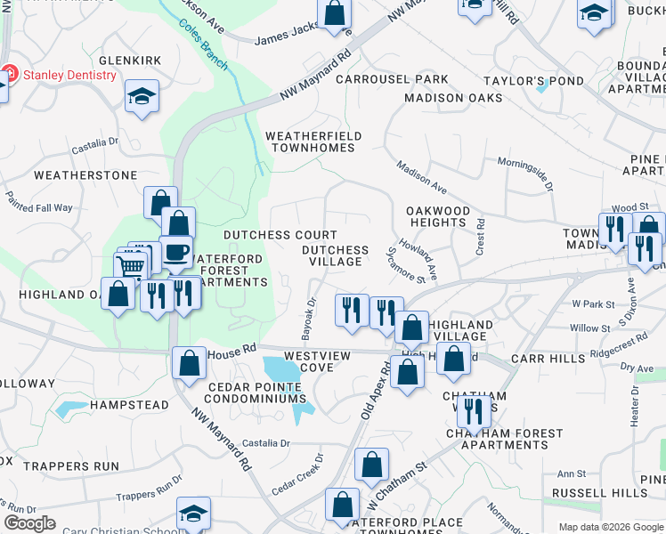 map of restaurants, bars, coffee shops, grocery stores, and more near 101 Thensia Court in Cary