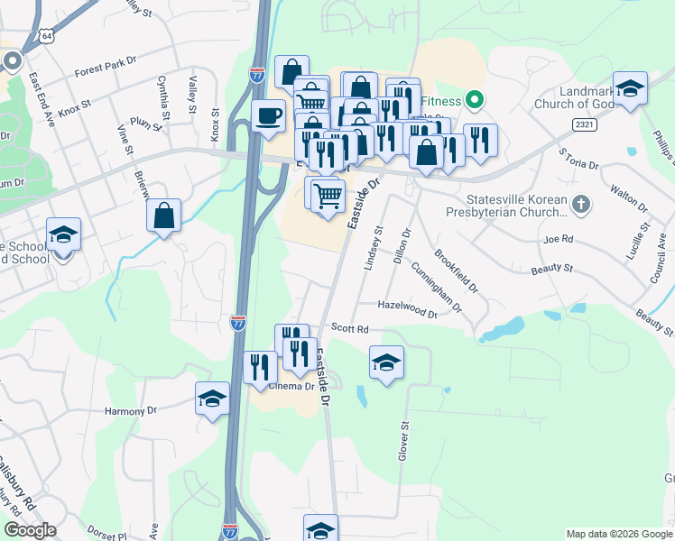 map of restaurants, bars, coffee shops, grocery stores, and more near 310 Eastside Drive in Statesville