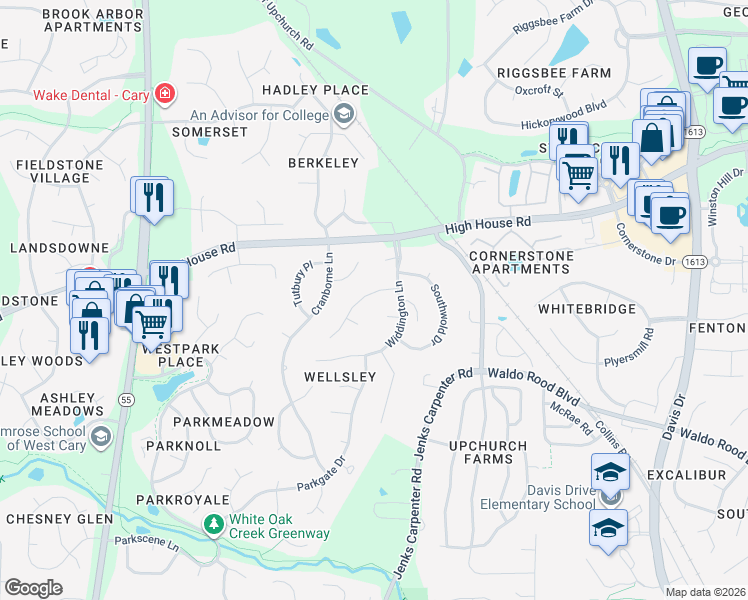 map of restaurants, bars, coffee shops, grocery stores, and more near 107 Bromfield Way in Cary