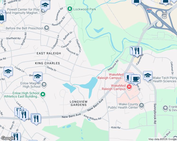 map of restaurants, bars, coffee shops, grocery stores, and more near 2744 Milburnie Road in Raleigh