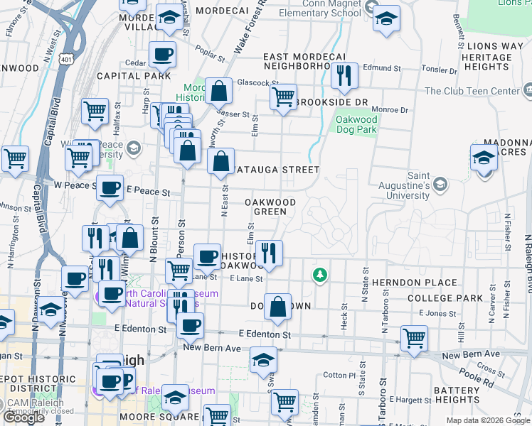 map of restaurants, bars, coffee shops, grocery stores, and more near 522 Elm Street in Raleigh